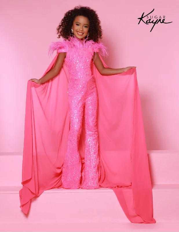 Sugar Kayne C346 Girls  Pageant Jumpsuit Bell Bottom Feathers Sequin Cape Fun Fashion Shimmer Formal Sequin Dress