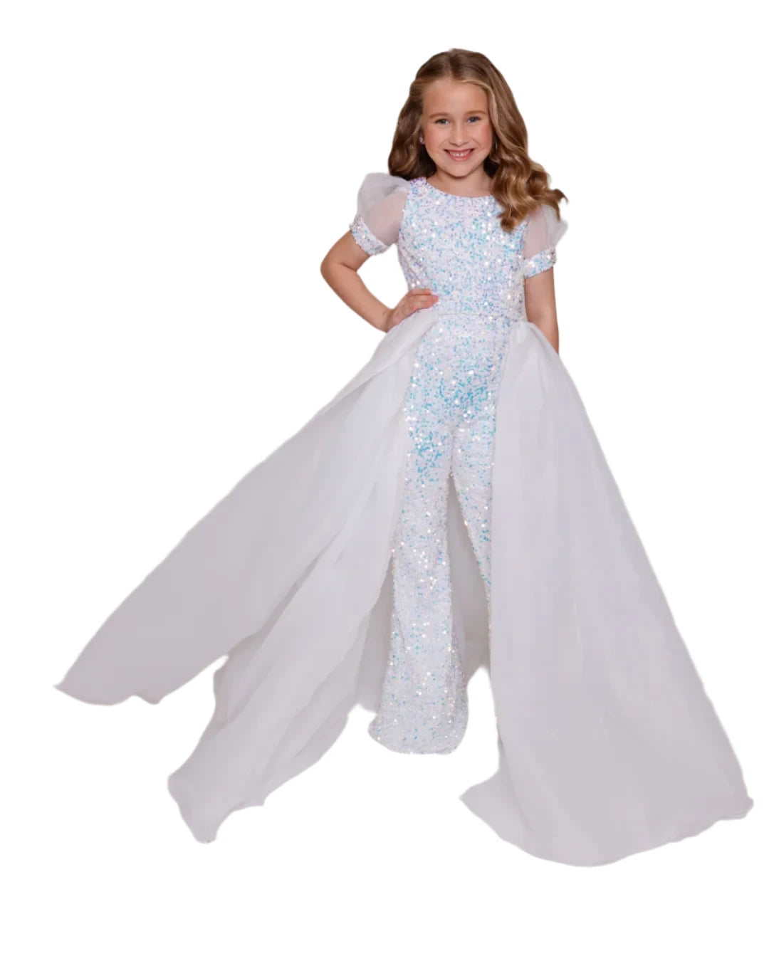 Ava Presley 38044 Girls Sequin Pageant Jumpsuit Overskirt Puff Sleeve bell bottom Formal Wear Pink Sequin Gown