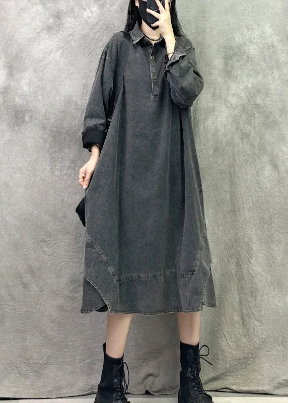 French Black Grey Peter Pan Collar Patchwork Denim Long Dresses Spring Light Wash Denim Skirt