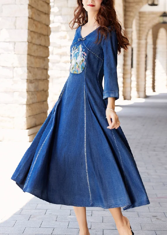 French Denim Blue V Neck Patchwork Pockets Maxi Dresses Spring Casual Mini Denim