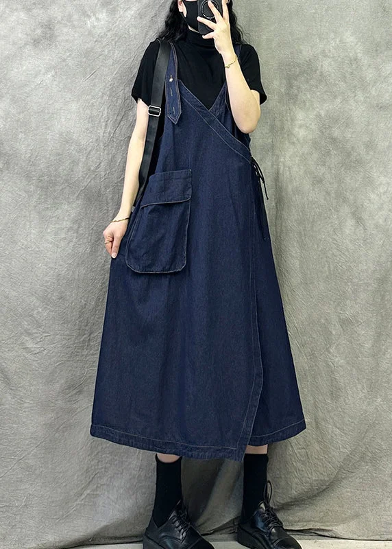 Original Design Navy Patchwork Denim Spaghetti Strap Dresses Spring Full Denim Skirt