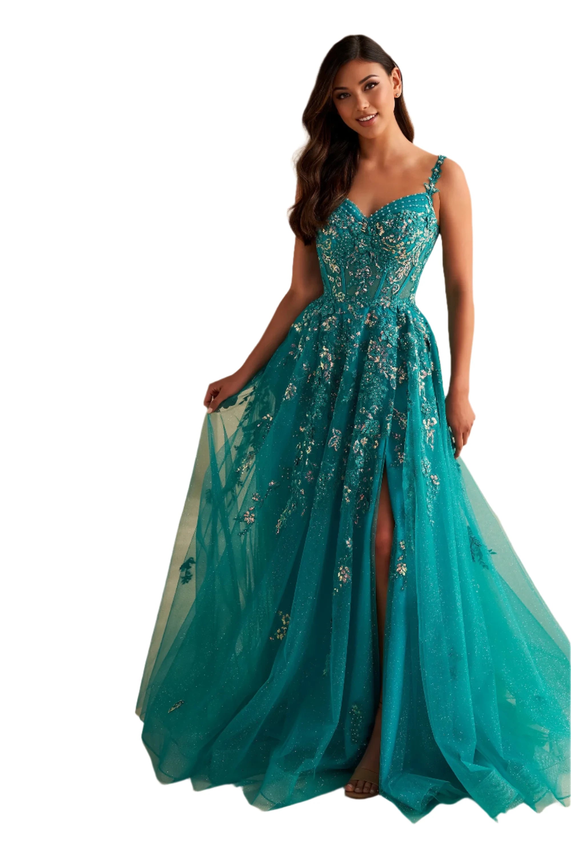 Ellie Wilde EW36204 Size 2 Jade Sequin Lace sheer Corset Slit Prom Dress Beaded off the shoulder Gown Sparkling Sequin Dress