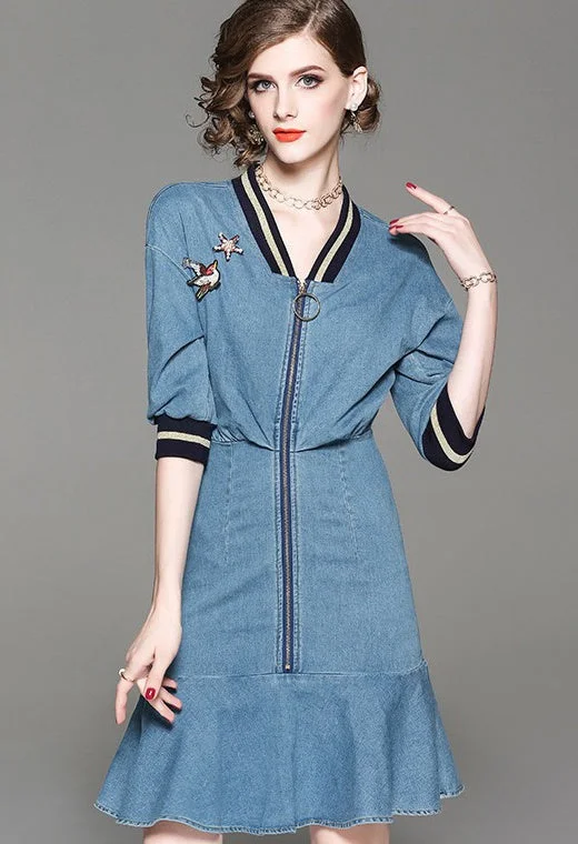 Denim Dress W/ Front Zipper Stylish Denim Skirt