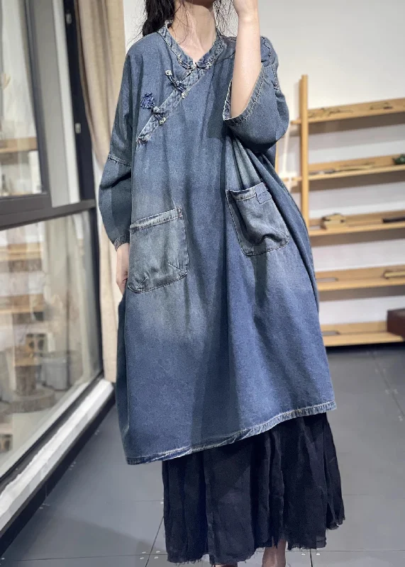 Women Blue Oversized Chinese Button Denim Long Dress Spring Denim Skirt Set