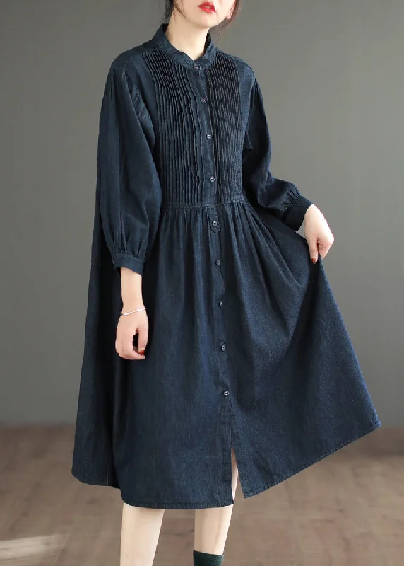 Navy Solid Button Denim Blouses Dresses O Neck Long Sleeve Flowy Denim Skirt