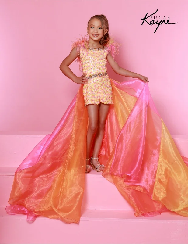 Sugar Kayne C349 Girls Sequin Pageant Romper Overskirt Feathers Fun Fashion Shimmer Modern Sequin Gown