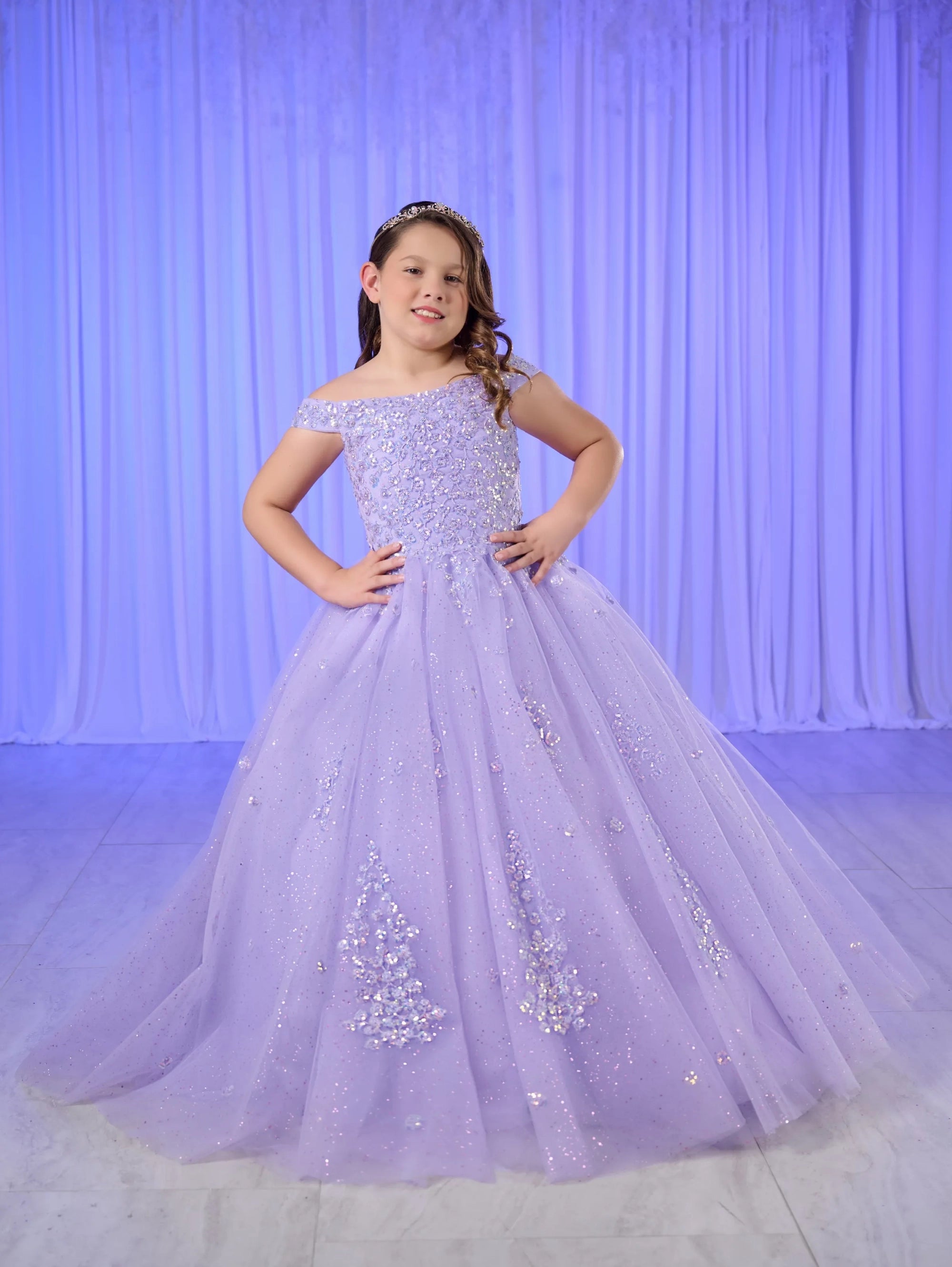 Tiffany Princess 13764 Girls Pageant Dress Off the shoulder Sequin Shimmer Ball Gown High Waist Sequin