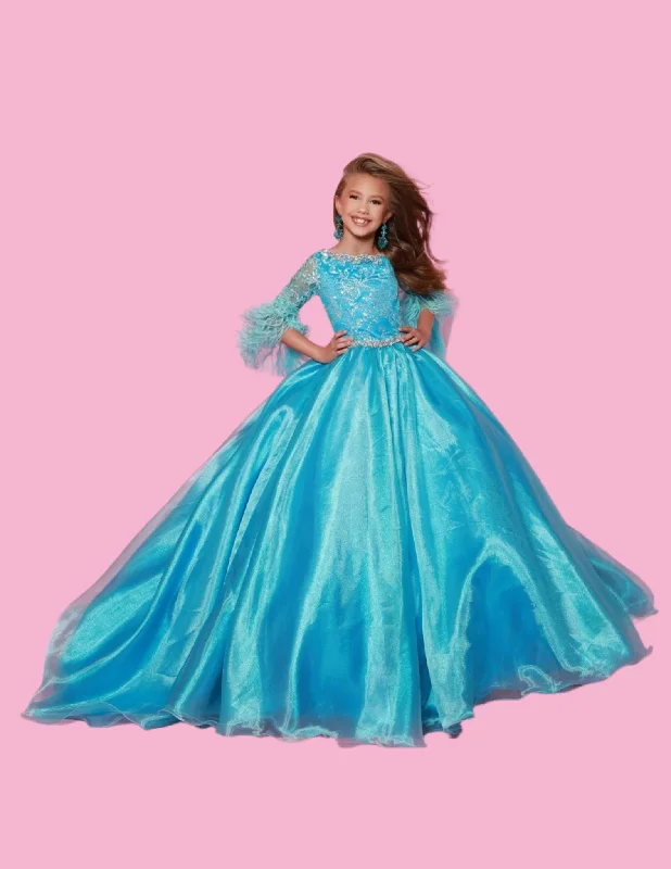 Sugar Kayne C338 Long Girls  Preteen Pageant Dress A-line Ballgown Sequin Feather Sleeves Black Sequin Dress