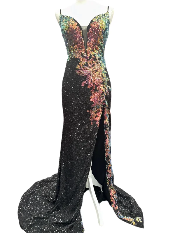 Nina Canacci 6634 Size 4 Black Fitted Slit Prom Dress Multi Sequins sheer back Formal Evening Gown Sequin Shift Gown