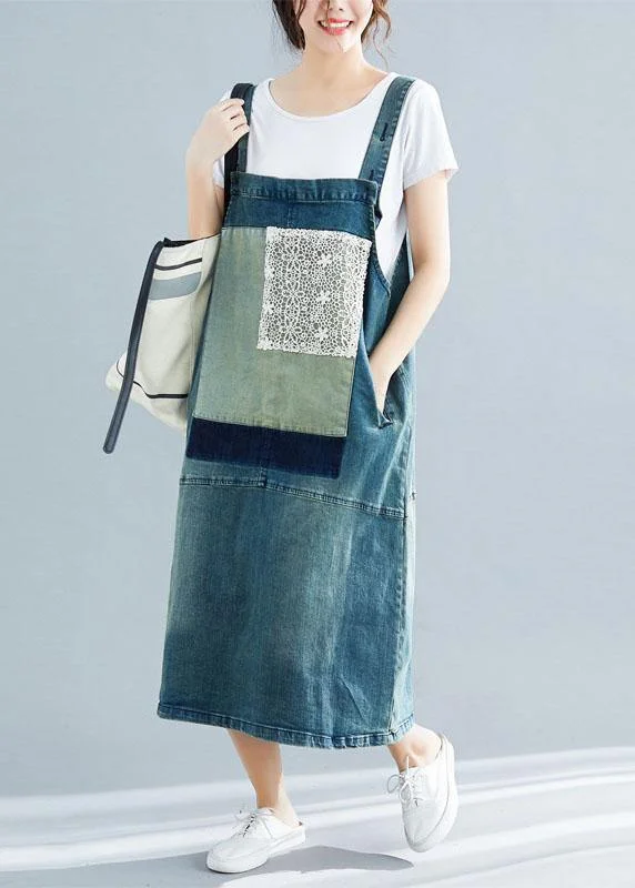 French denim blue cotton quilting dresses sleeveless cotton robes summer Dress Soft Denim Skirt