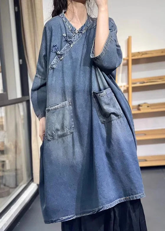 Loose Blue Stand Collar Chinese Button Pockets Denim Dress Spring Simple Denim Skirt