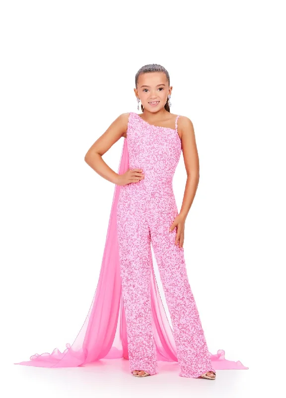 Ashley Lauren Kids 8191 Size 10 Candy Pink Girls Beaded Jumpsuit cape Sequin One Shoulder Pageant Wear Gold Sequin Dress