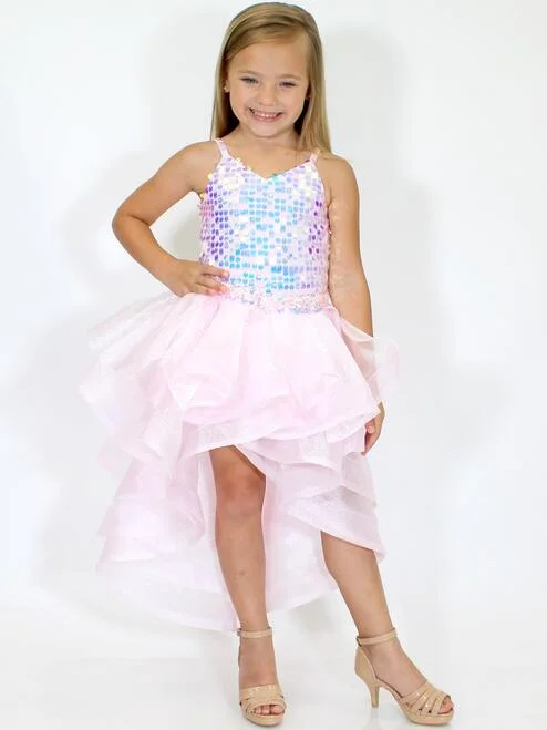 Marc Defang 5002 Pink High Low Sequin Girls Pageant Romper Layered Detachable Overskirt Black Sequin Gown