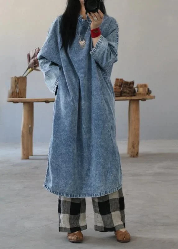 Beautiful cotton dress Fashion Retro Solid Color Frog Denim Blue Loose Dress Classic Blue Denim