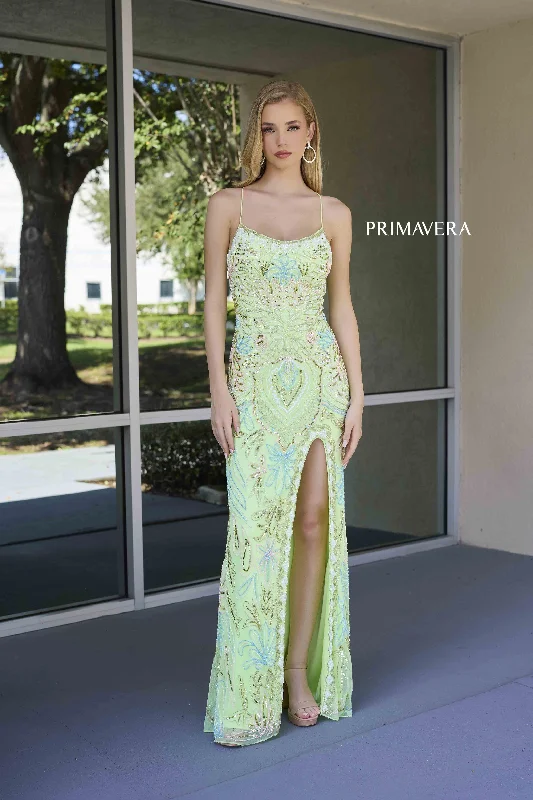 Primavera Couture 4156 Size 0 Apple Green Long Prom Dress Scoop Neck Fitted Sequin Lace Up Back High Slit Formal Pageant Gown Ruched Sequin Dress