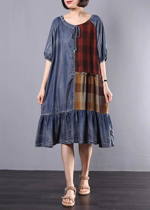 Women Cotton Tunics Indian Vintage Plaid Spliced Denim A-Line Dress Denim Skirt Fashion