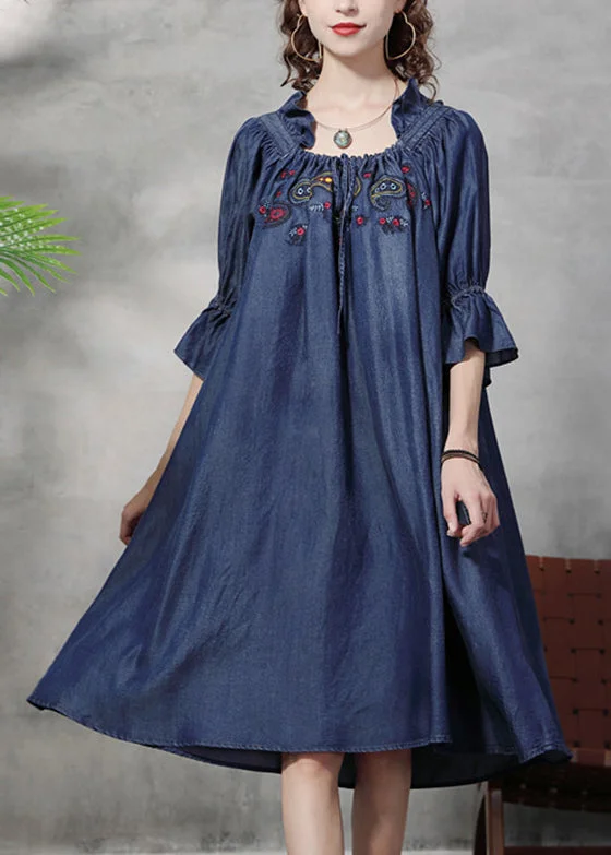 Simple Denim Blue wrinkled Ruffled Embroideried Cotton silk Dress lantern sleeve Belted Denim Skirt