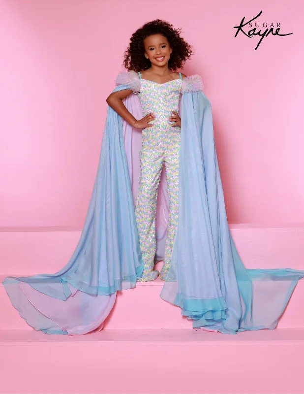 Sugar Kayne C341 Size 8 Aqua Girls Pageant Sequin Jumpsuit Ruffle Sleeve Matching Cape Fun Fashion Shimmer Sequin Dress Long