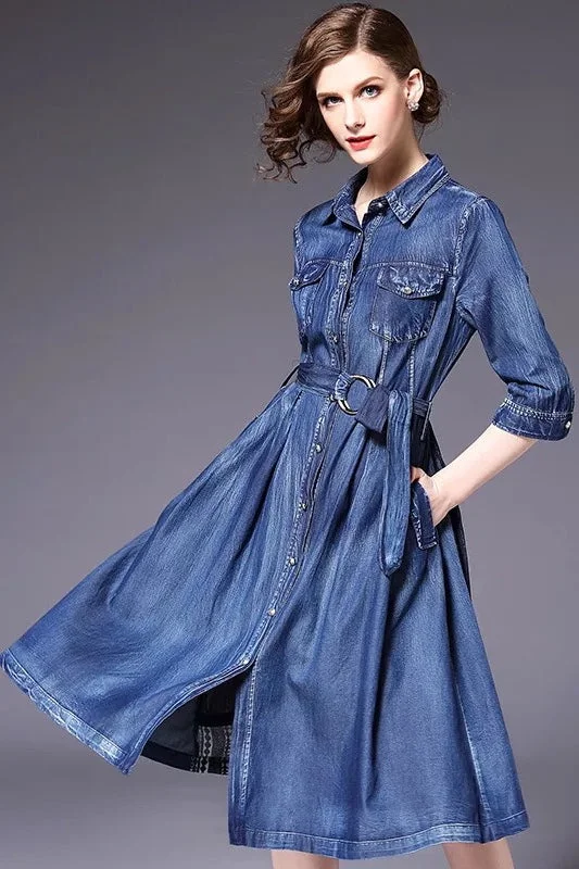 Denim Dress W/ Back Contrast Distressed Denim Skirt