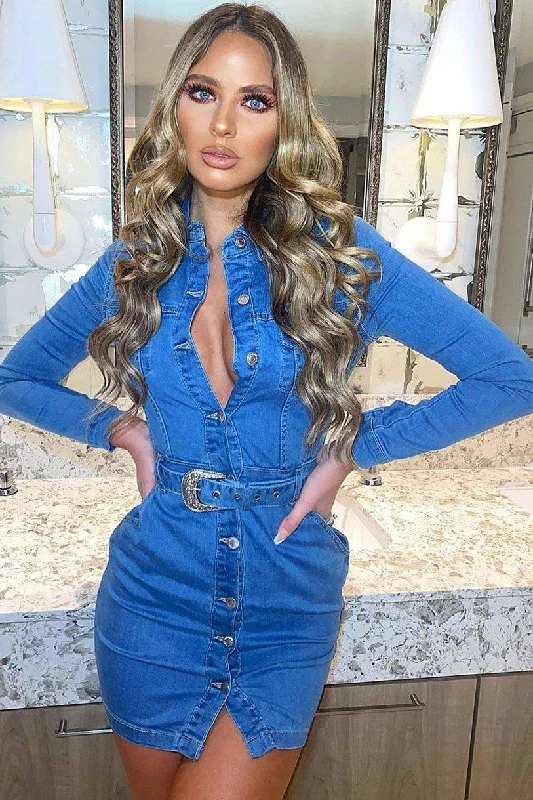 Western Long Sleeve Stretch Mini Dress In Blue Denim Classic Blue Denim Skirt