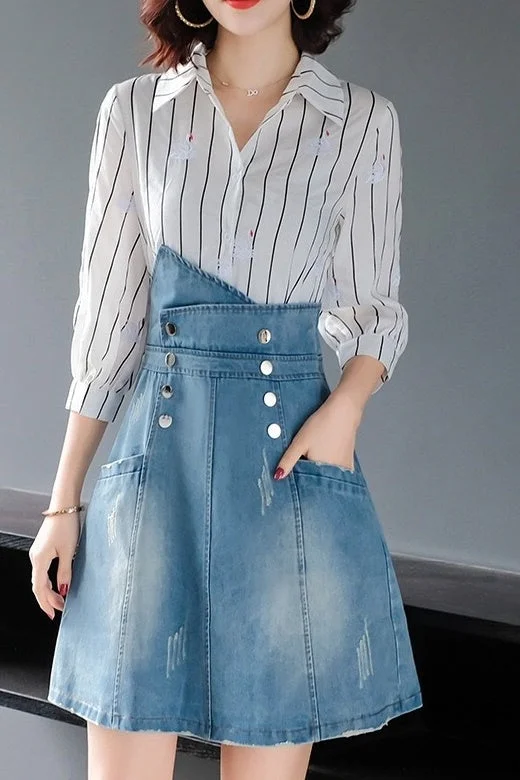 Embroidered Striped Denim Illusion Dress Classic Denim Skirt