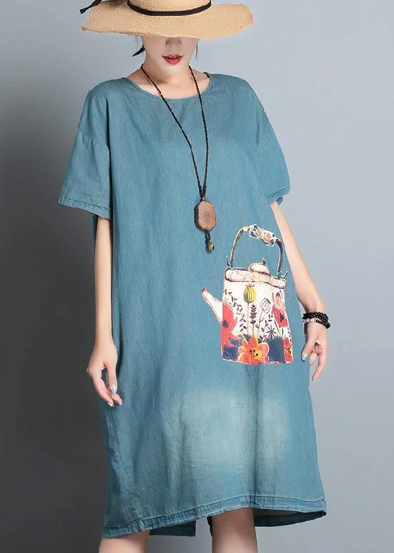 100% denim blue print dresses o neck pockets A Line summer Dress Classic Blue Denim Skirt