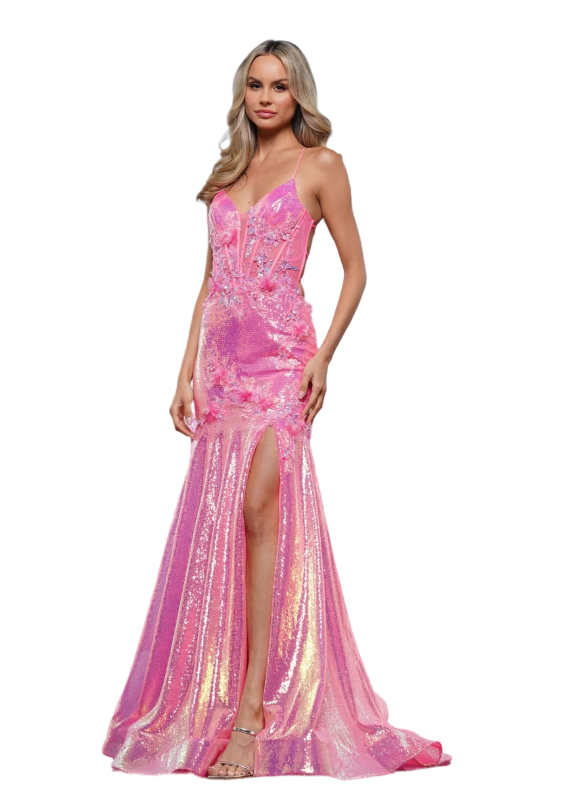 Colors Dress 3540 Size 12 Hot Pink Sheer Sequin Mermaid Corset Prom Dress Slit Pageant Gown Backless Party Wear Sequin