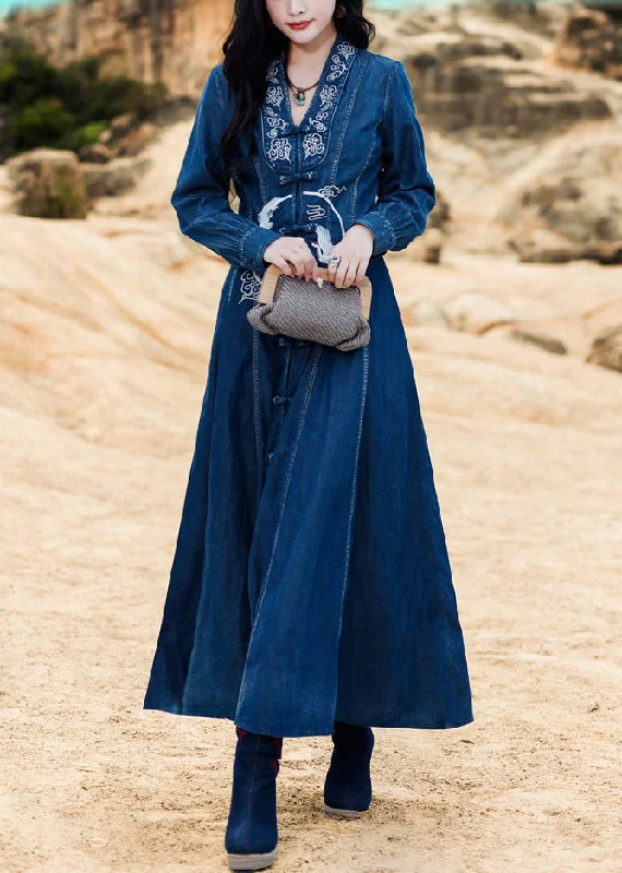 Elegant Blue V Neck Embroideried button Cotton Denim Long Dresses Long Sleeve Skinny Denim Skirt