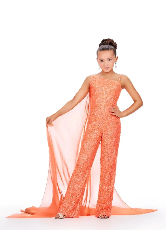 Ashley Lauren Kids 8191 Size 6 Coral Girls Beaded Jumpsuit cape Sequin One Shoulder Pageant Wear Sequin A-line Dress