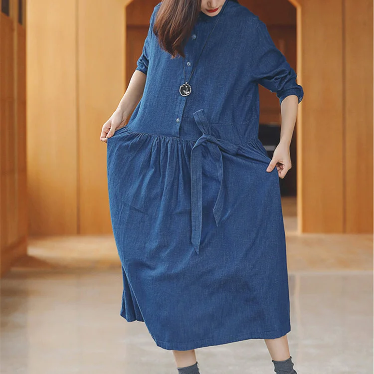 baggy denim blue long cotton linen dresses casual Turn-down Collar tie waist traveling dress fine long sleeve baggy dresses Ruffle Hem Denim