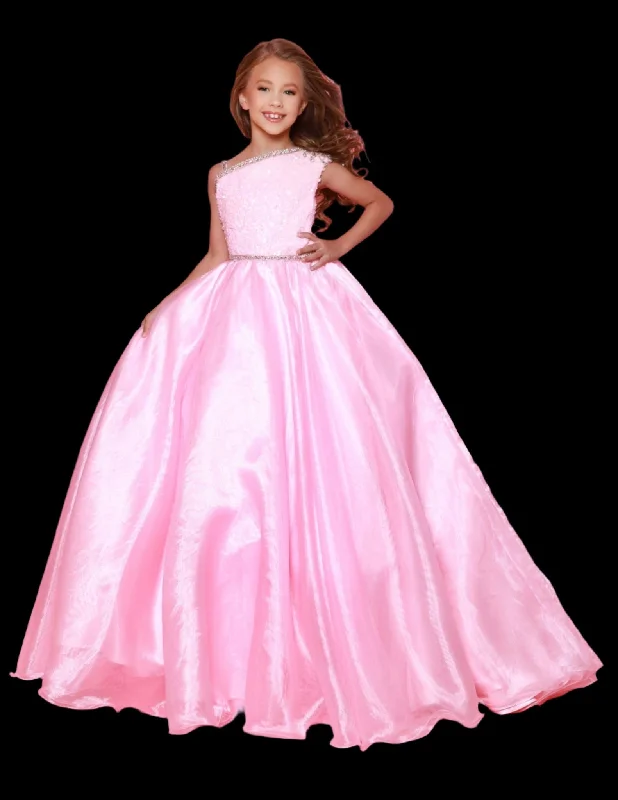 Sugar Kayne C348 Size 4,6 Baby Pink Long Girls Preteen Pageant Dress A Line One Shoulder Ballgown Sequin Top Train Sequin Fit Dress