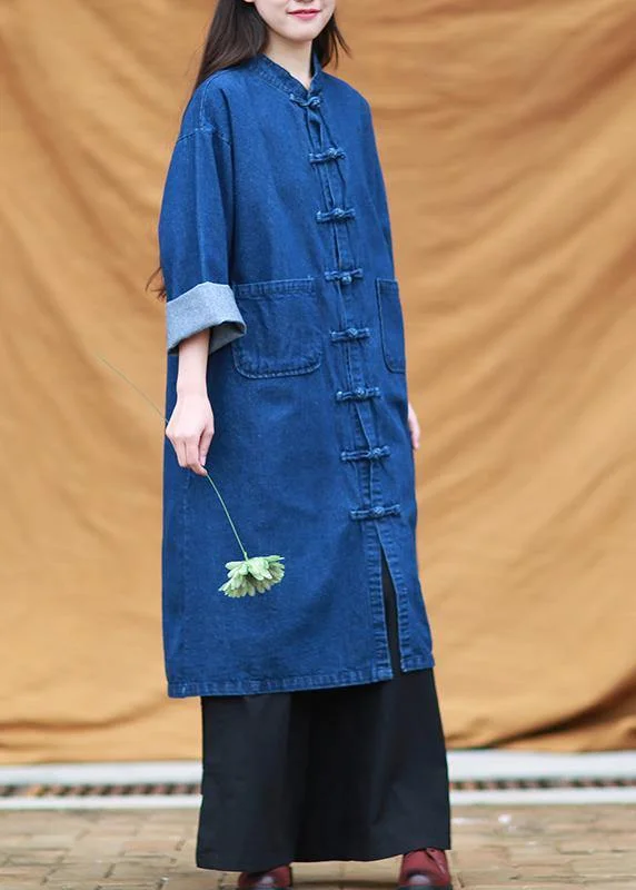 DIY denim blue tunic stand collar pockets Maxi Dress Flowy Denim Skirt