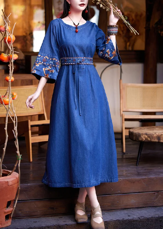 Fashion Denim Navy Patchwork Tie Waist Maxi Dress Flare Sleeve Loose Fit Denim