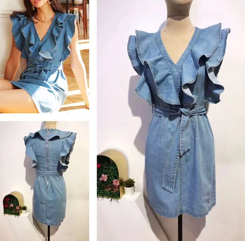 DENIM FRILL DRESS BLUE Buttoned Denim Skirt