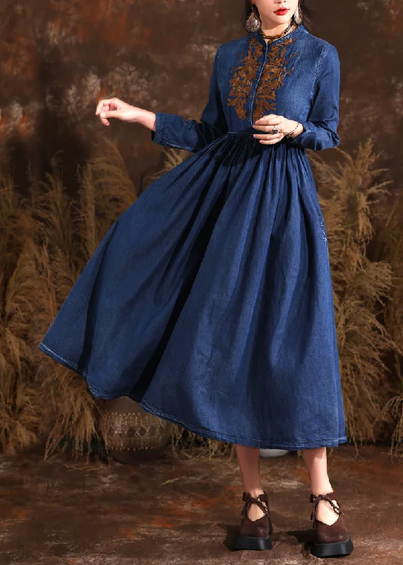 Retro Navy Stand Collar Wrinkled Patchwork Denim Long Dress Long Sleeve Relaxed Fit Denim