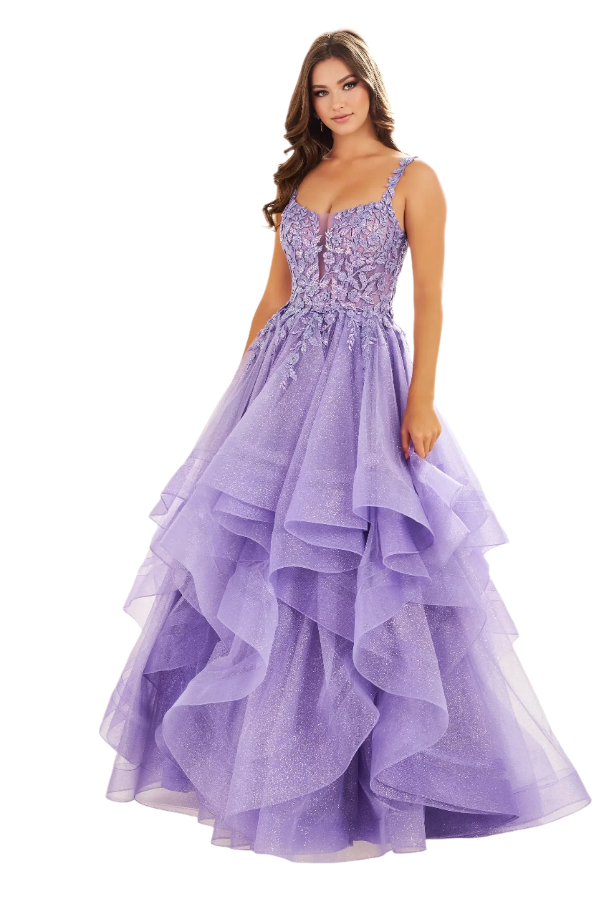 Ellie Wilde EW36035 Size 00 Lavender Sheer Lace Shimmer Ruffle Prom Dress Ballgown Corset Sequin Layer Gown Shimmer Sequin Dress