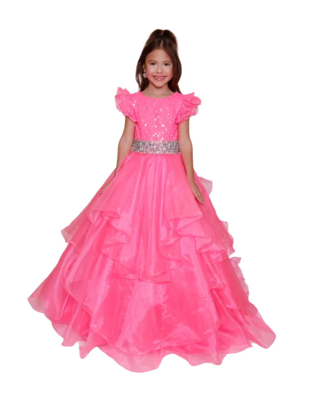 Ava Presley 39892 Size 2 Neon Pink Girls Layer Sequin Cap Sleeve Pageant Dress Keyhole Ball Gown Train Sequin Dress Night