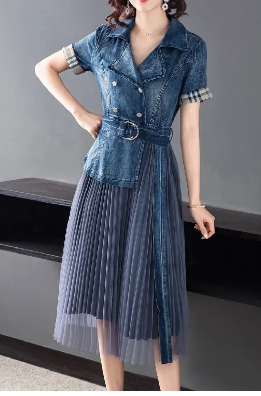 Denim and Mesh Pleated Dress Wide Leg Denim Skirt