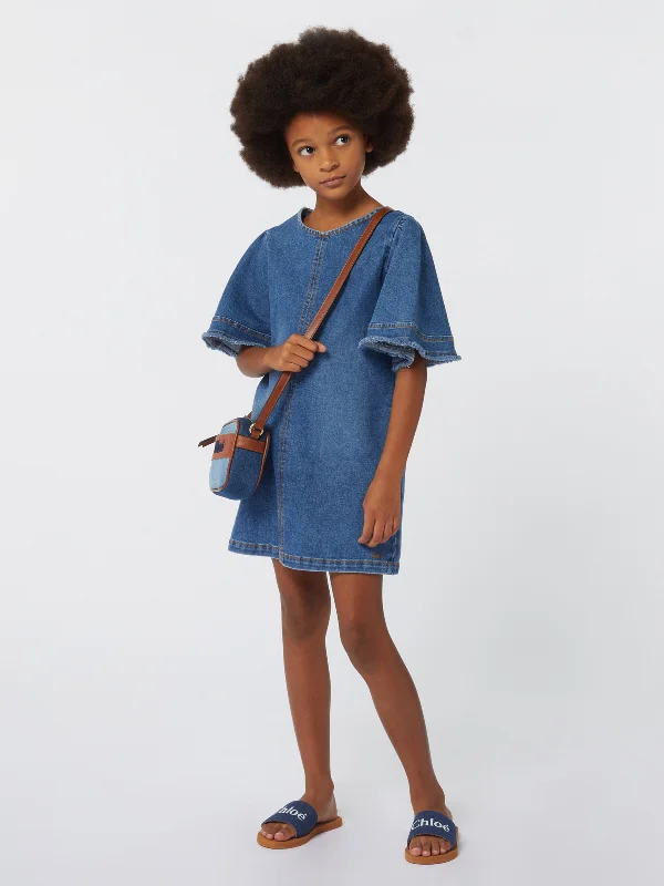 Chloé Girls Denim Dress in Blue Pleated Denim Skirt