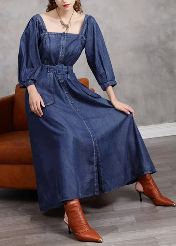 Simple Blue Square Collar Patchwork Pockets Long Denim Dresses Bracelet Sleeve Loose Denim Skirt