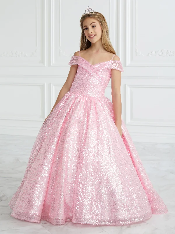 Tiffany Princess 13679 Girls Sequin Pageant Dress off the Shoulder Ball Gown Cinderella Formal Hot Pink Sequin