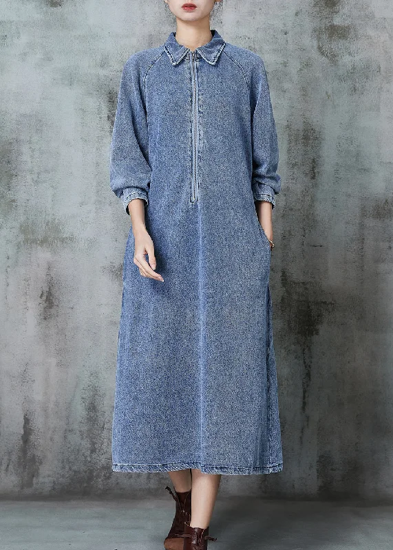 Beautiful Blue Zip Up Denim Maxi Dresses Spring Button-down Denim Skirt