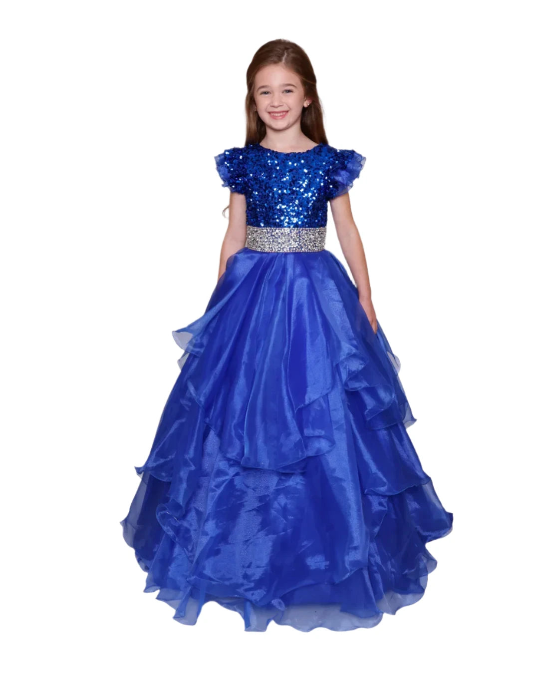 Ava Presley 39892 Size 6, 8 Royal Girls Layer Sequin Cap Sleeve Pageant Dress Keyhole Ball Gown Train Ruffled Sequin Dress