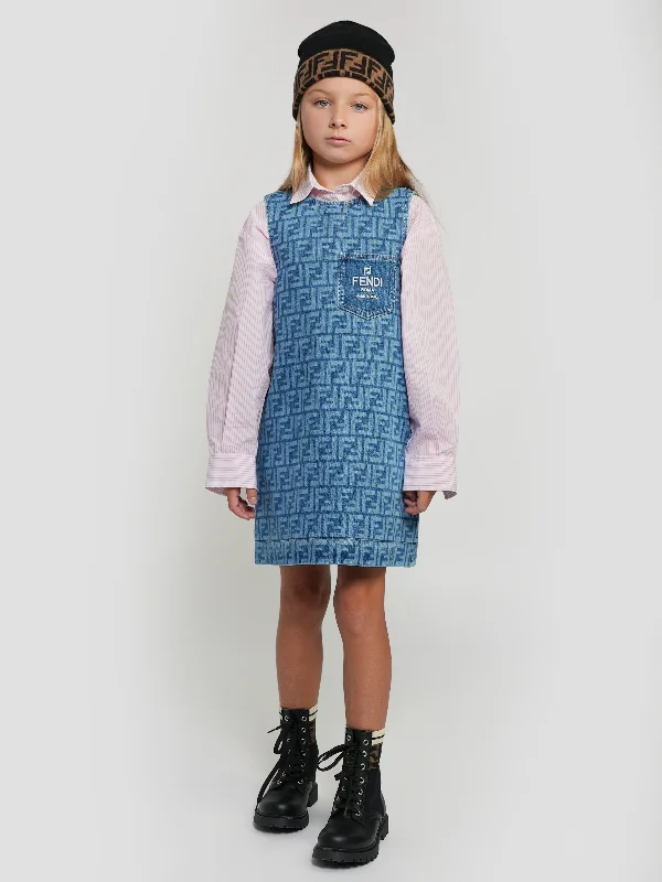 Fendi Girls Denim Logo Dress in Blue Black Denim Skirt