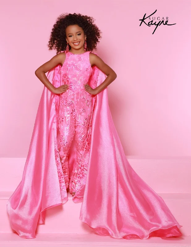 Sugar Kayne C337  Girls Pageant Jumpsuit Sequin Mesh and Shimmer Organza  Cape Fun Fashion Sequin Dress Style