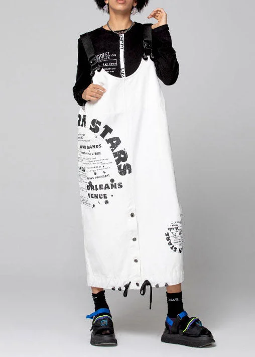 Women White Graphic denim drawstring Dresses Spring Long Denim Skirt