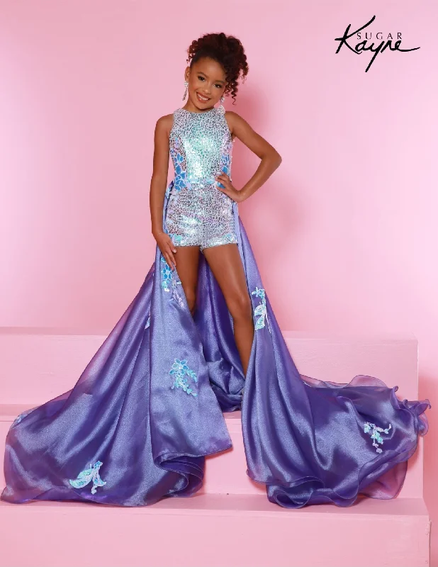 Sugar Kayne C353 Girls Sequin Mesh Romper Overskirt Pageant Fun Fashion Shimmer Backless Sequin Dress