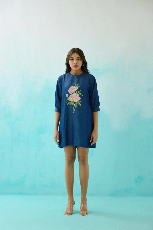 Denim Peony Embroidered Shift Dress Maxi Denim Skirt