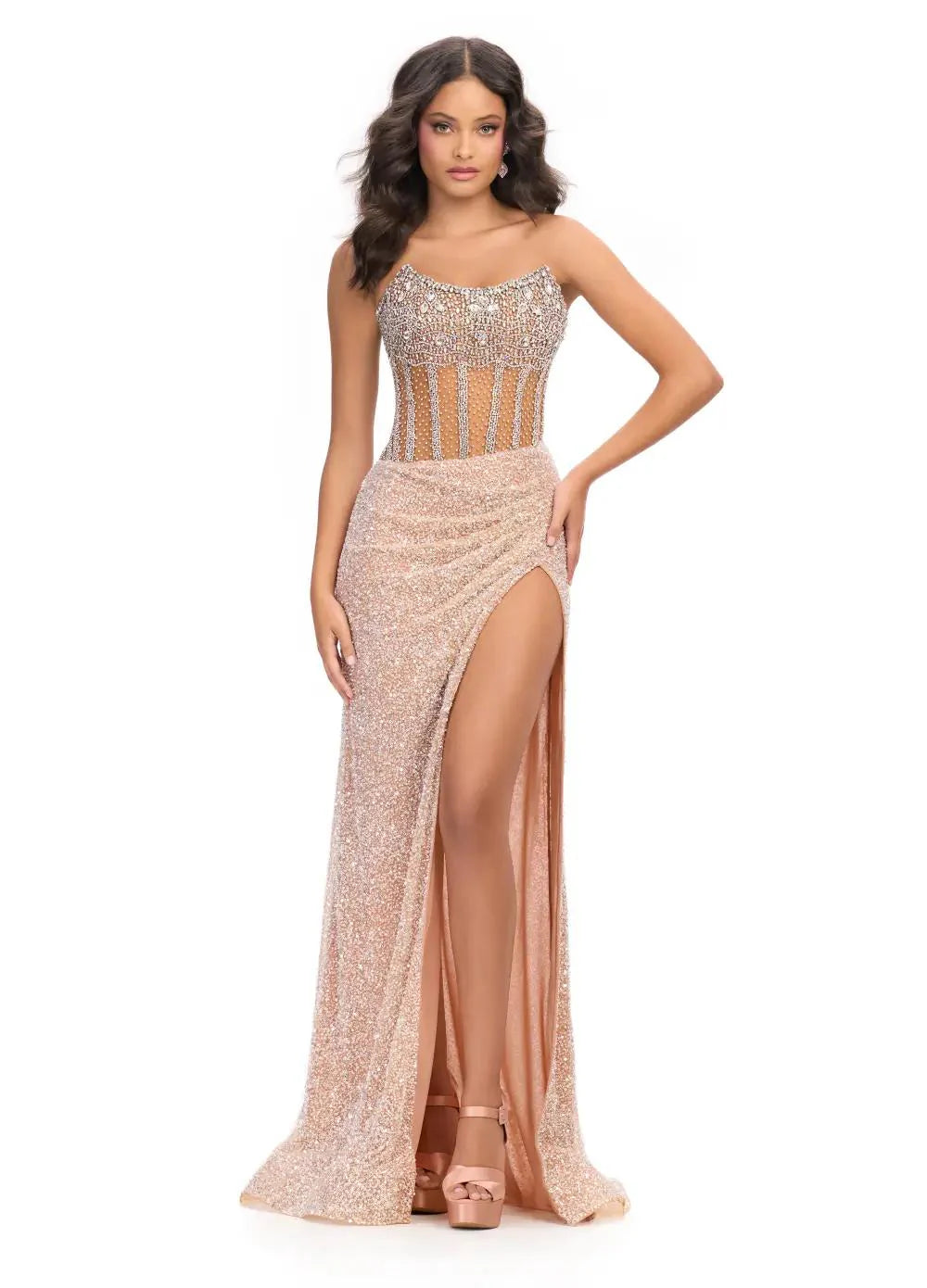 Ashley Lauren 11830 Size 4 Nude Sequin Sheer Crystal Corset Prom Dress Pageant Gown Slit strapless Stylish Sequin Dress