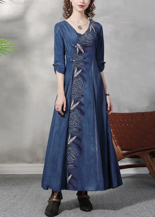 Stylish Blue V Neck Leaf Embroideried Cotton Denim Maxi Dress Half Sleeve Vintage Denim Skirt